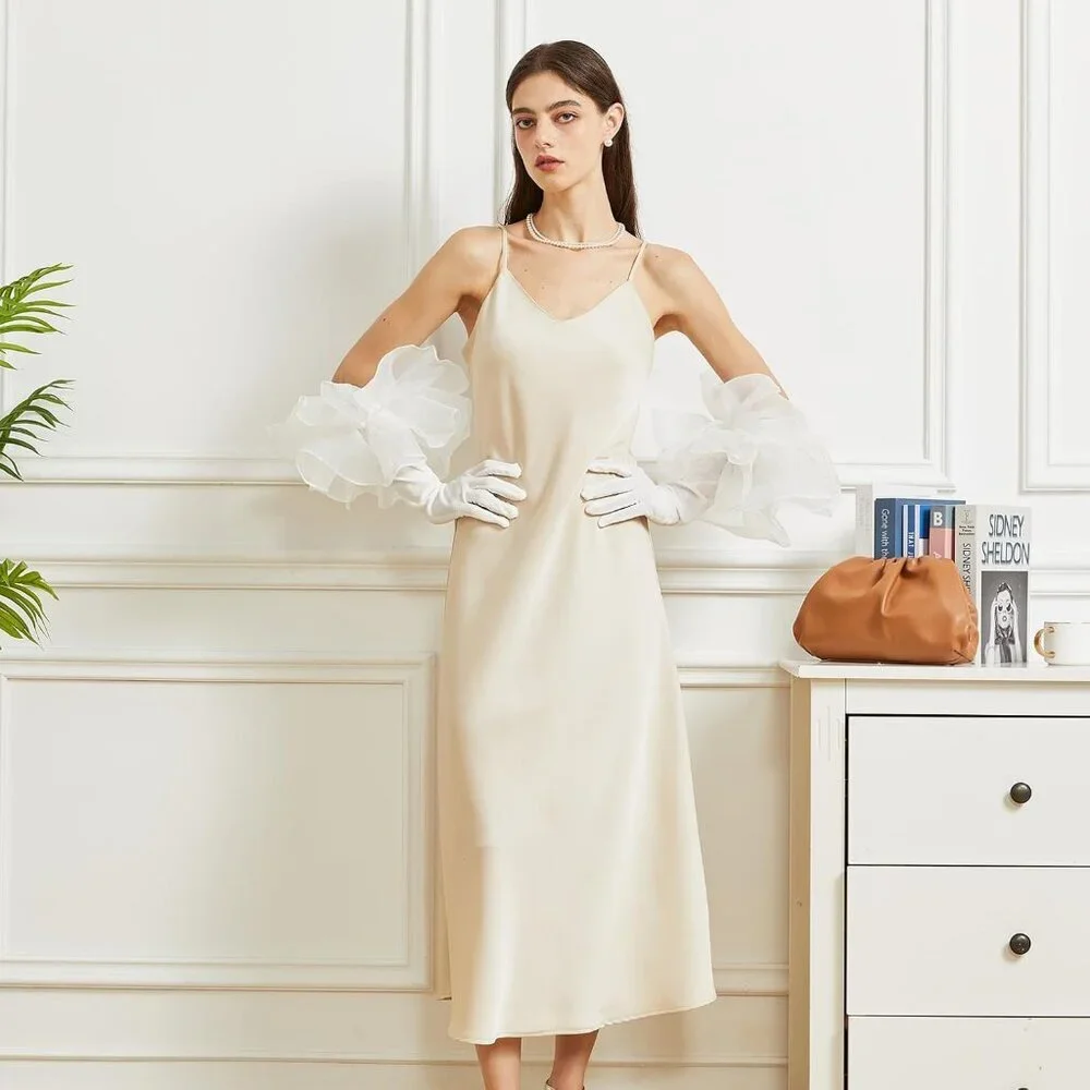 Women's Velvet White 50cm Satin Tulle  Puff Long Gloves Banquet Wedding Party